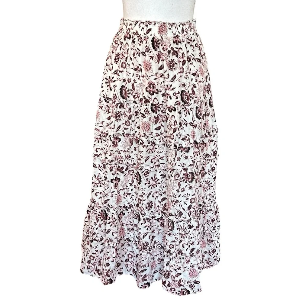 LOFT Shimmer Vine Tiered Maxi Skirt Women’s SZ XS in White Multicolor‎ Pretty